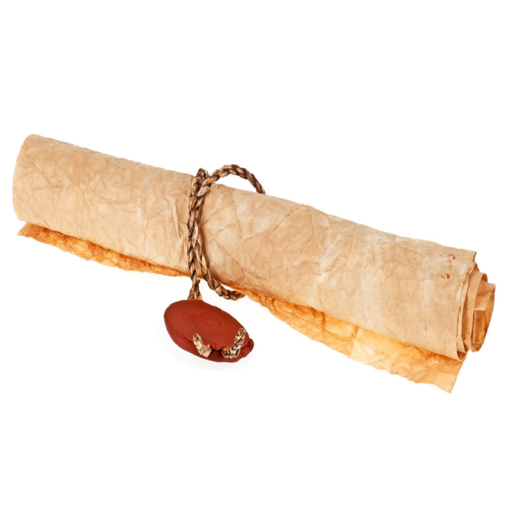 A weathered parchment scroll tied with a braided cord and sealed with red wax. The scroll represents one of the Scrolls of Souls, believed to contain the voice and identity of a forgotten spirit preserved in ink.