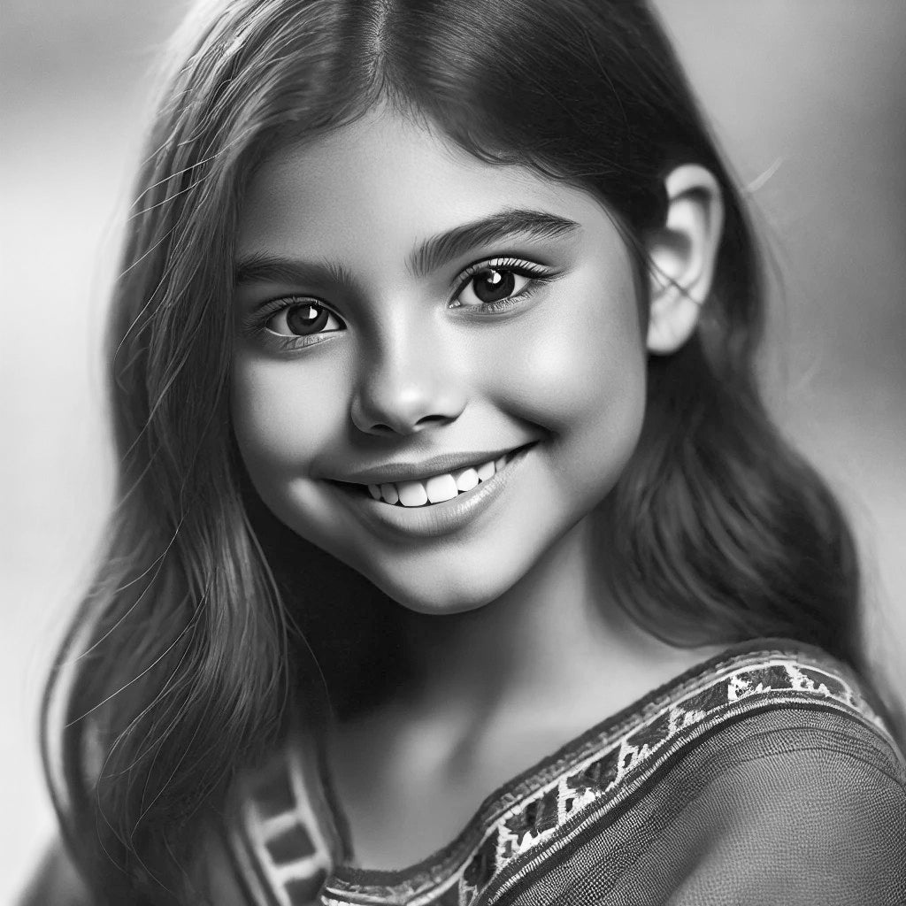 From Candle Face to Isabel: The Forgotten Child — A black-and-white portrait of a smiling young girl, symbolizing the innocence of Isabel before her transformation. Associated with Candle Face Chronicles.