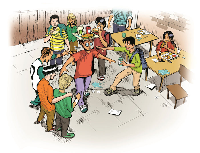 Cafeteria scene: kids crowd around a boy being bullied, a drink spilled on the floor. The Crawl Space.