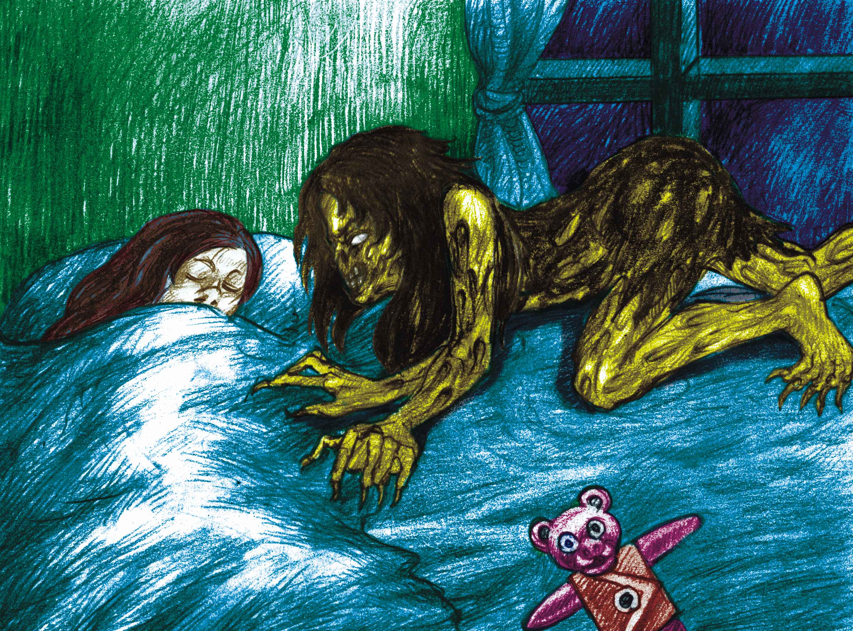 Candle Face crawls across the bed toward Maria as she sleeps, teddy bear nearby. The Empty Lot Next Door.