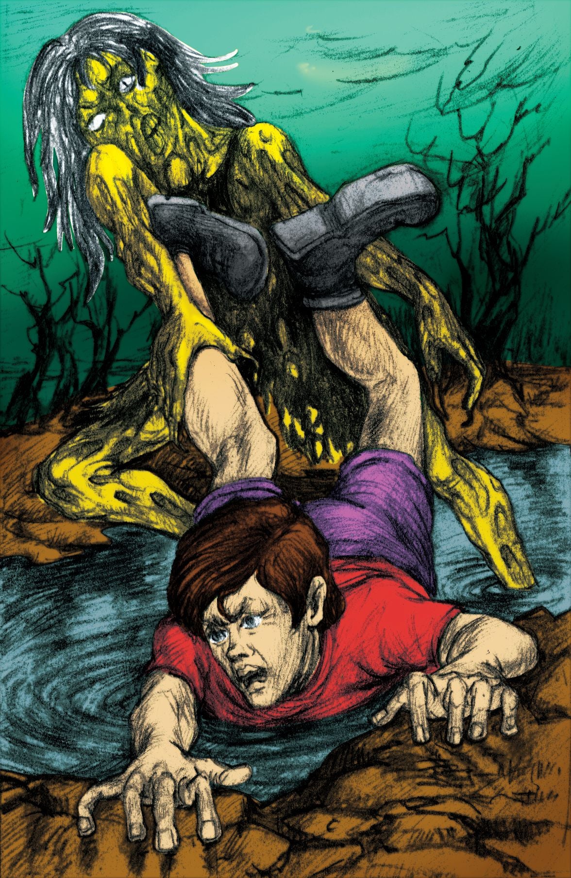 Candle Face drags Ray by the legs into the creek as he claws at the ground. The Empty Lot Next Door.