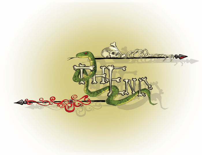"The End" graphic: bone letters wrapped by a green snake, with a skeleton resting on top. From The Crawl Space.
