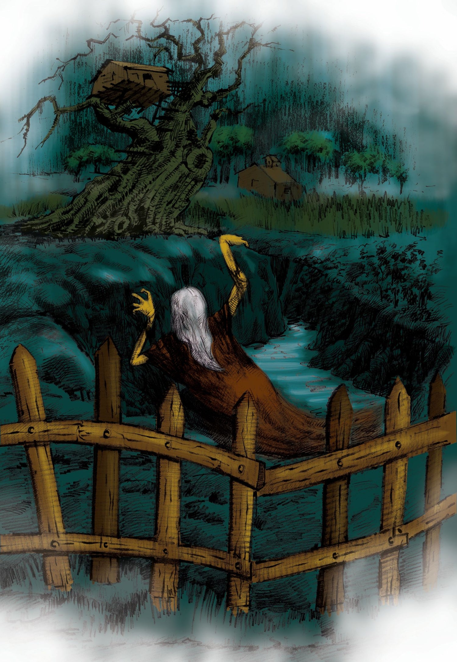 Candle Face climbs from a hole in the empty lot, treehouse in the gnarled tree behind. The Empty Lot Next Door.
