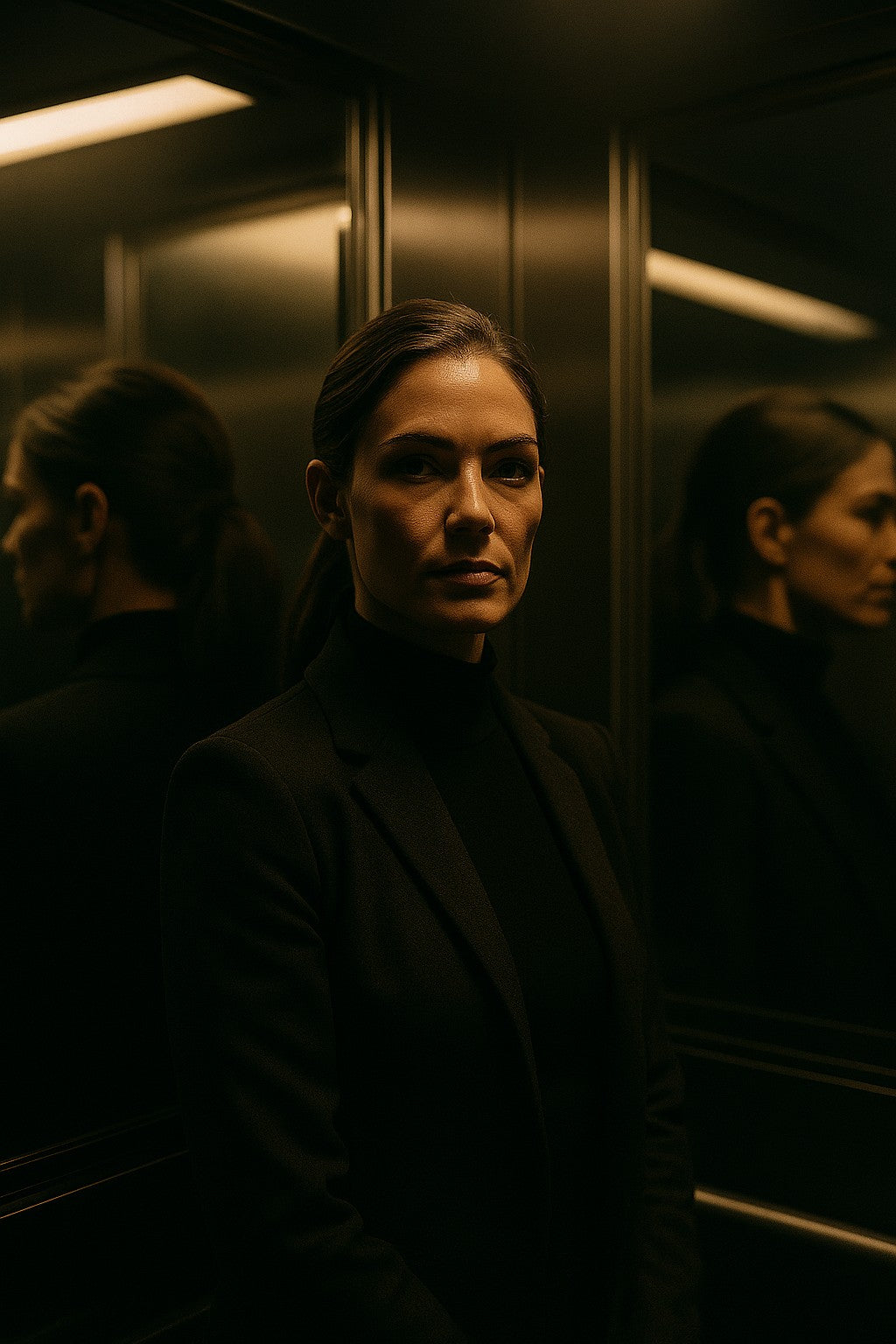 Mara Flores, hair pulled back, stands in a mirrored elevator with her reflection on either side. The Legend of Mara Flores.