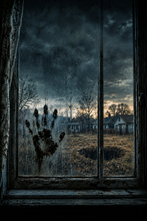 Handprint on a window with a dark, cloudy sky and houses in the background.