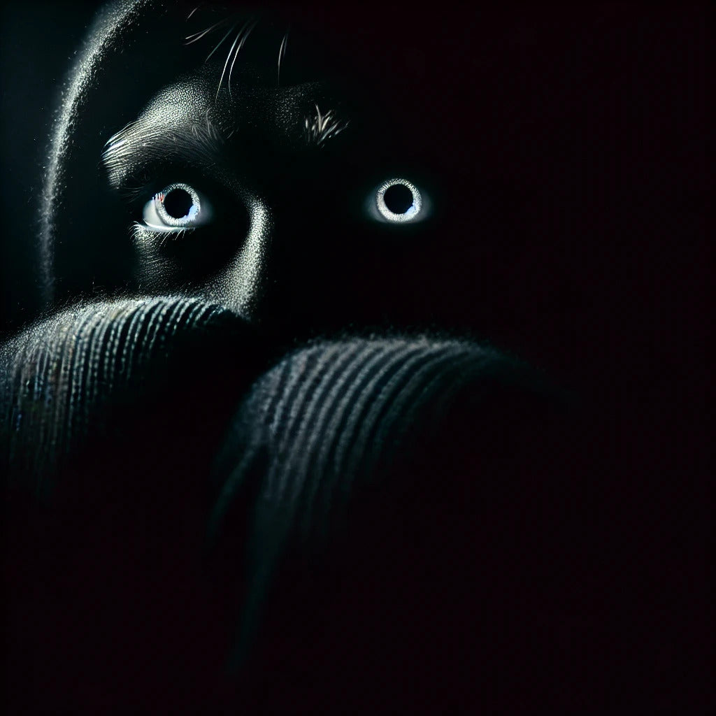 A frightened figure hiding in darkness, with wide, glowing eyes visible above folded arms. The face is partially obscured by shadow, suggesting a Fugitive concealed in Arthur’s attic, watching and waiting in fear.