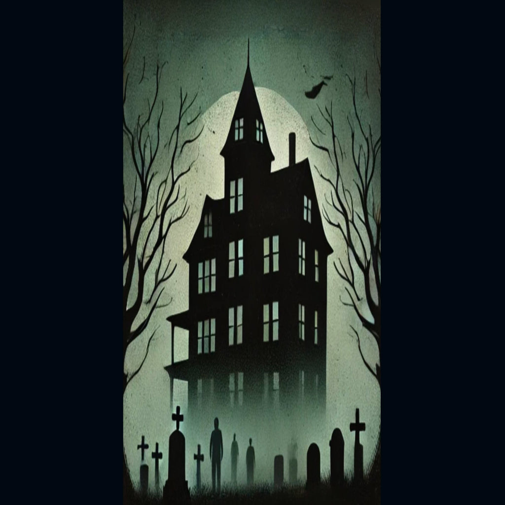 Silhouette of a haunted house with trees and a moon in the background.