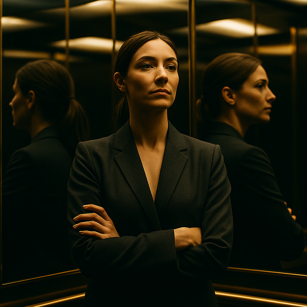 Mara Flores inside a mirrored elevator, wearing a dark suit with her arms folded.