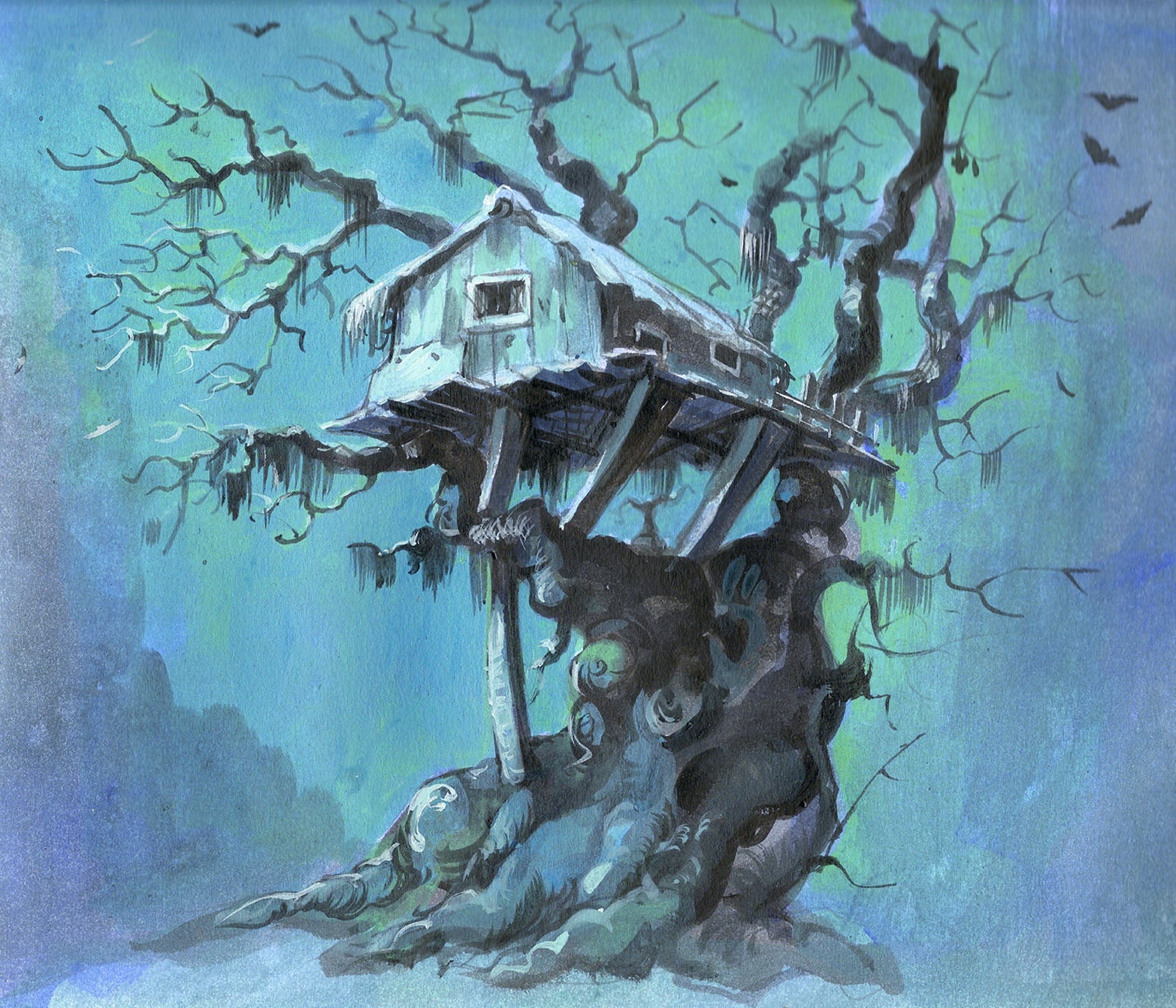 Eerie treehouse perched on a gnarled, twisted tree in a foggy blue landscape. The Empty Lot Next Door.