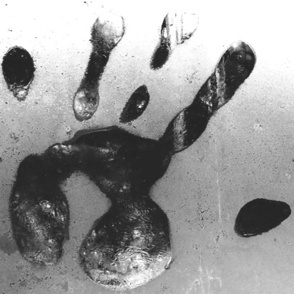 A ghostly black-and-white handprint pressed against a fogged or icy surface, evoking a creepy presence. Part of Candle Face Chronicles, symbolizing Candle Face's chilling touch.
